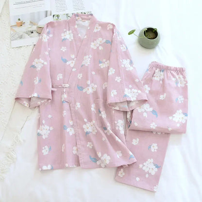 2026 new seven-sleeve Japanese-style kimono pajamas set female spring and autumn 100% cotton gauze home clothes cute sweet two-p