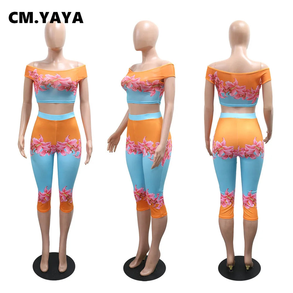 CM.YAYA Fashion Women's Set Short Sleeve Floral Print Tops and Calf Length Pants 2026 Beach Two 2 Piece Sets Outfits Tracksuit