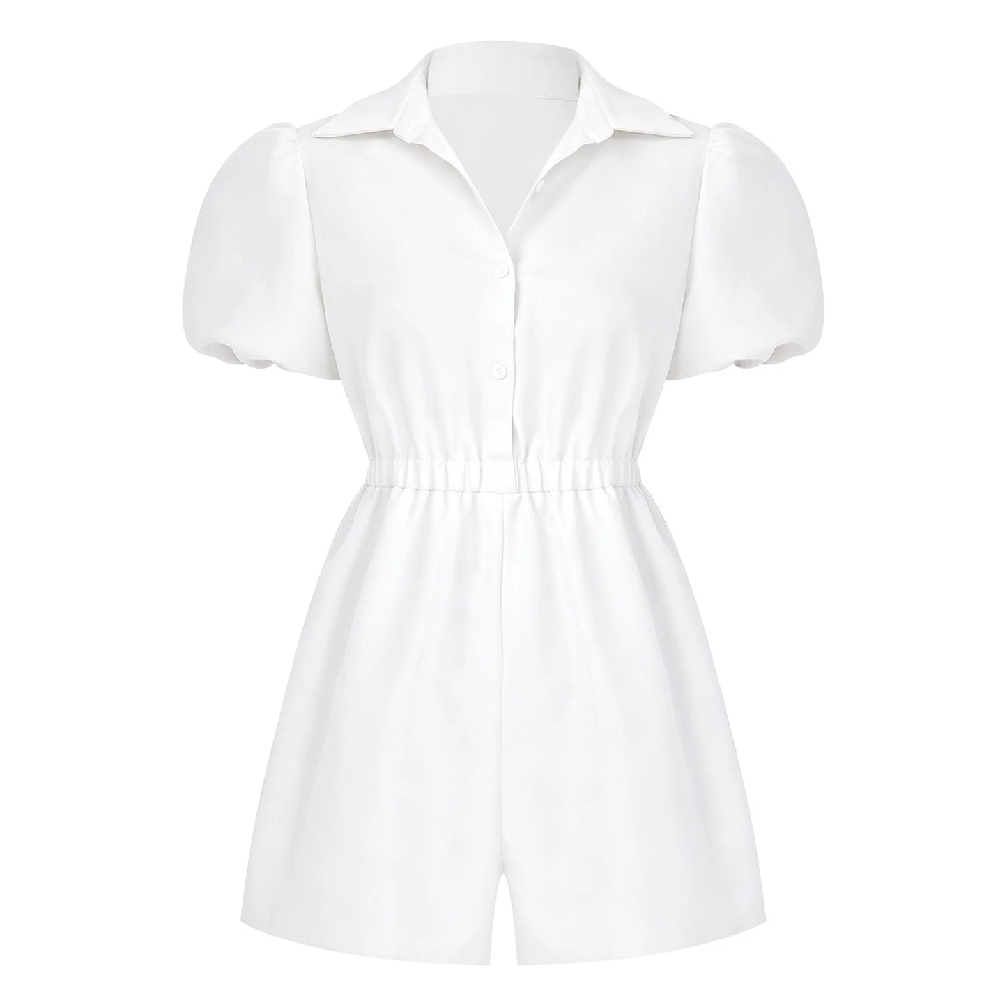 Fashion Women Short Puff Sleeve Romper Lapel Front Button Elastic Waist Shorts Jumpsuit for Office Vacation Casual Clothing