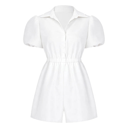 Fashion Women Short Puff Sleeve Romper Lapel Front Button Elastic Waist Shorts Jumpsuit for Office Vacation Casual Clothing