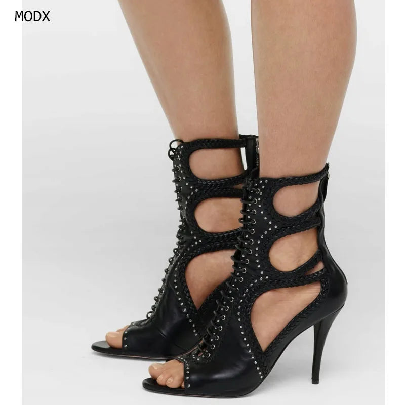 Women's Patchwork Hollow Out Sandal Boots Sexy Square Toe Zipper Thin Heel New Arrivals Fashion Women Modern Shoes 44