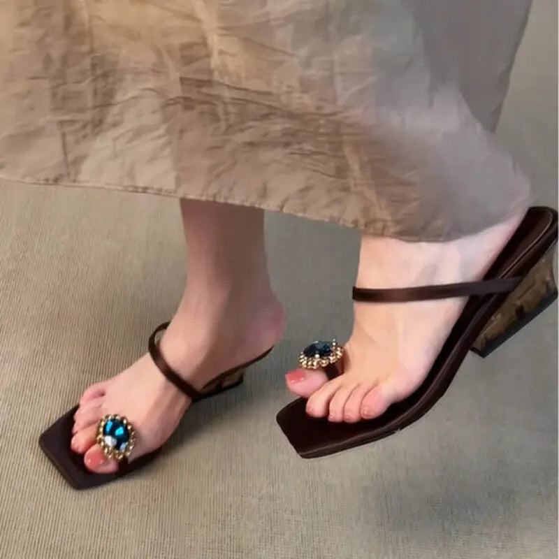 Luxury Crystal Women's Sandals Clip Toe Slippers High Heels Shoes Elegant Square Toe Dress Pumps New Flip Flops Mujer De Slides