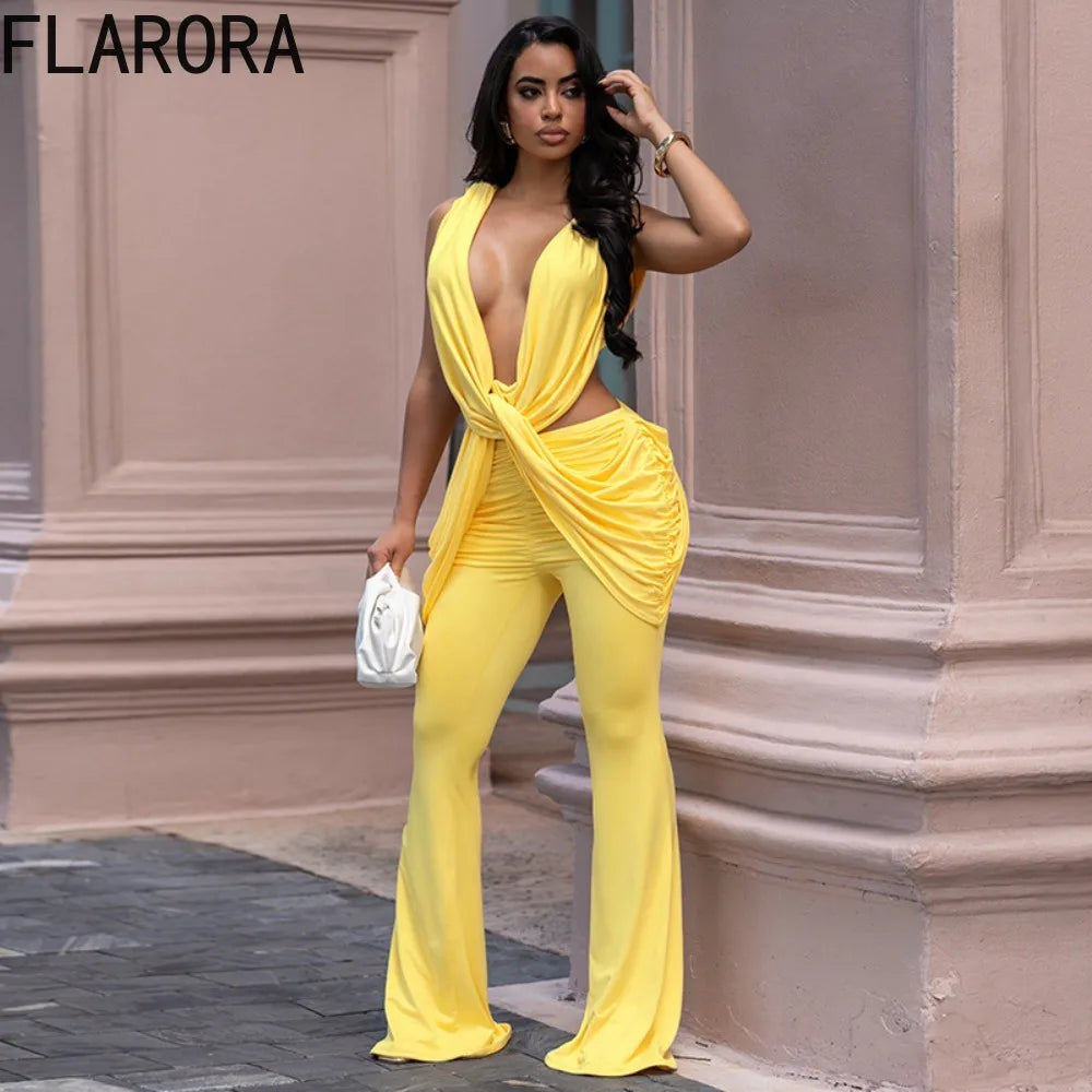 FLARORA Sexy Cross Knot Ruched Flare Jumpsuits Woman Chic Deep V Sleeveless Backless Peach Hip Skinny Playsuits Party Clubwear