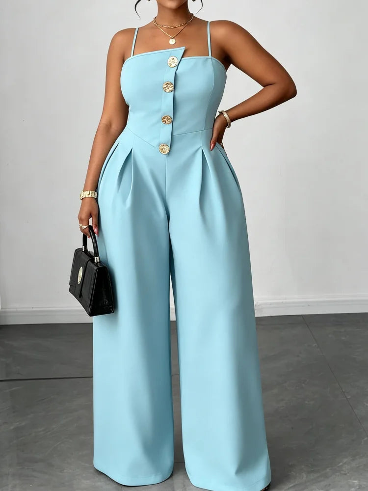 Plus Size Women Elegant Spaghetti Strap Jumpsuit Front Gold Button Pleated High Waist Wide Leg Pants Formal Party Long Jumpsuit