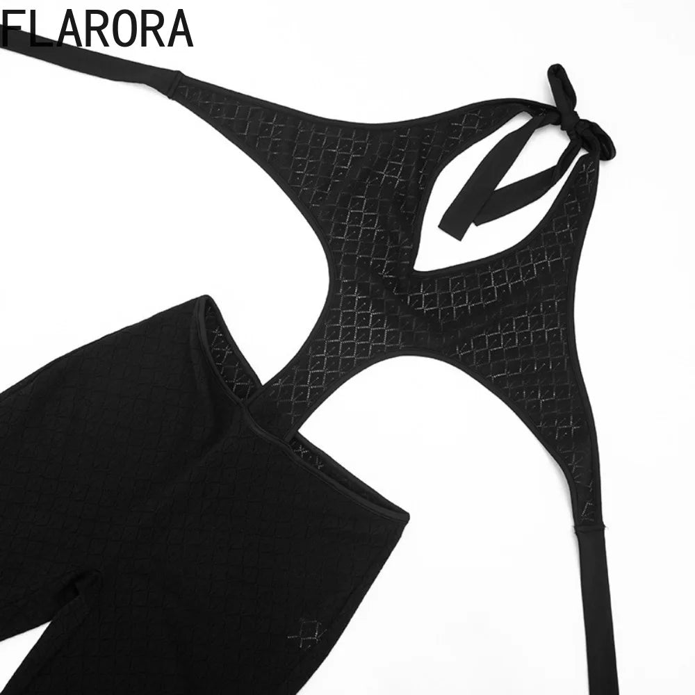 FLARORA Sexy Hollow See Through Jumpsuits Woman Trend Halter V Neck Sleeveless Backless Bandage Jumpsuit Hottie Street Overalls