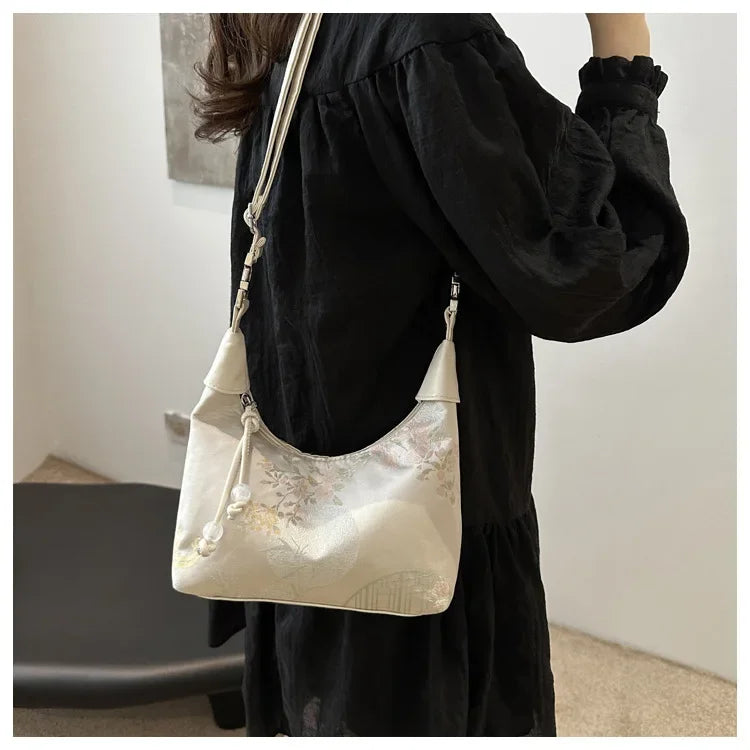Fashion Luxury Women Embroidery Shoulder Bag Nylon Pearl Pendant Bucket Bag Versatile Handbag Retro Women Crossbody Bags сумка