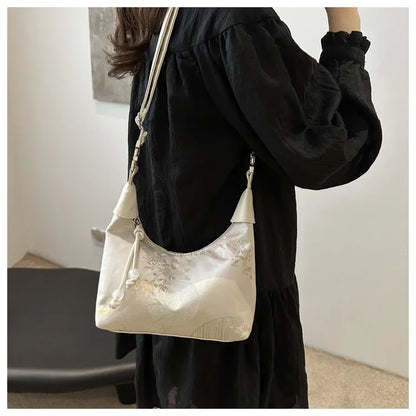 Fashion Luxury Women Embroidery Shoulder Bag Nylon Pearl Pendant Bucket Bag Versatile Handbag Retro Women Crossbody Bags сумка