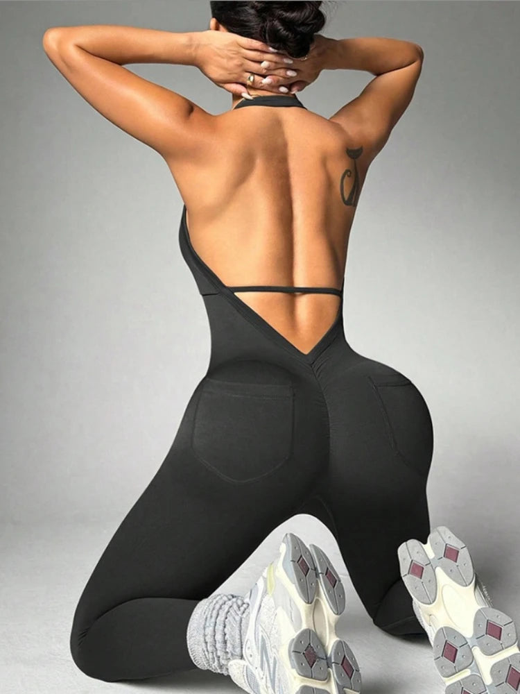 Women's Halter Neck Yoga Bodysuit with Pockets Sexy Backless Tight Tracksuit One Piece Overalls Gym Fitness Sports Jumpsuits