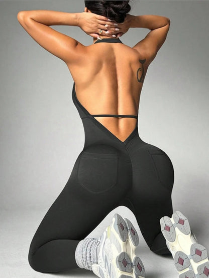 Women's Halter Neck Yoga Bodysuit with Pockets Sexy Backless Tight Tracksuit One Piece Overalls Gym Fitness Sports Jumpsuits