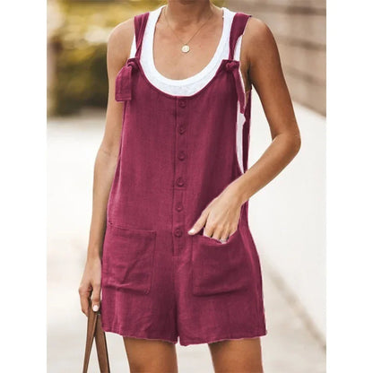 Summer Women's Solid Color Patch Pocket Tied Cotton Linen Suspender Pants Casual Classic Style High Waist Wide Leg