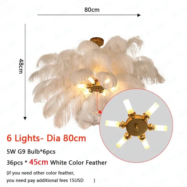 Nordic White Ostrich Feather Pendant Light Modern Led Chandelier Lights for Living Dining Room Children's Decor Hanghing Lamp
