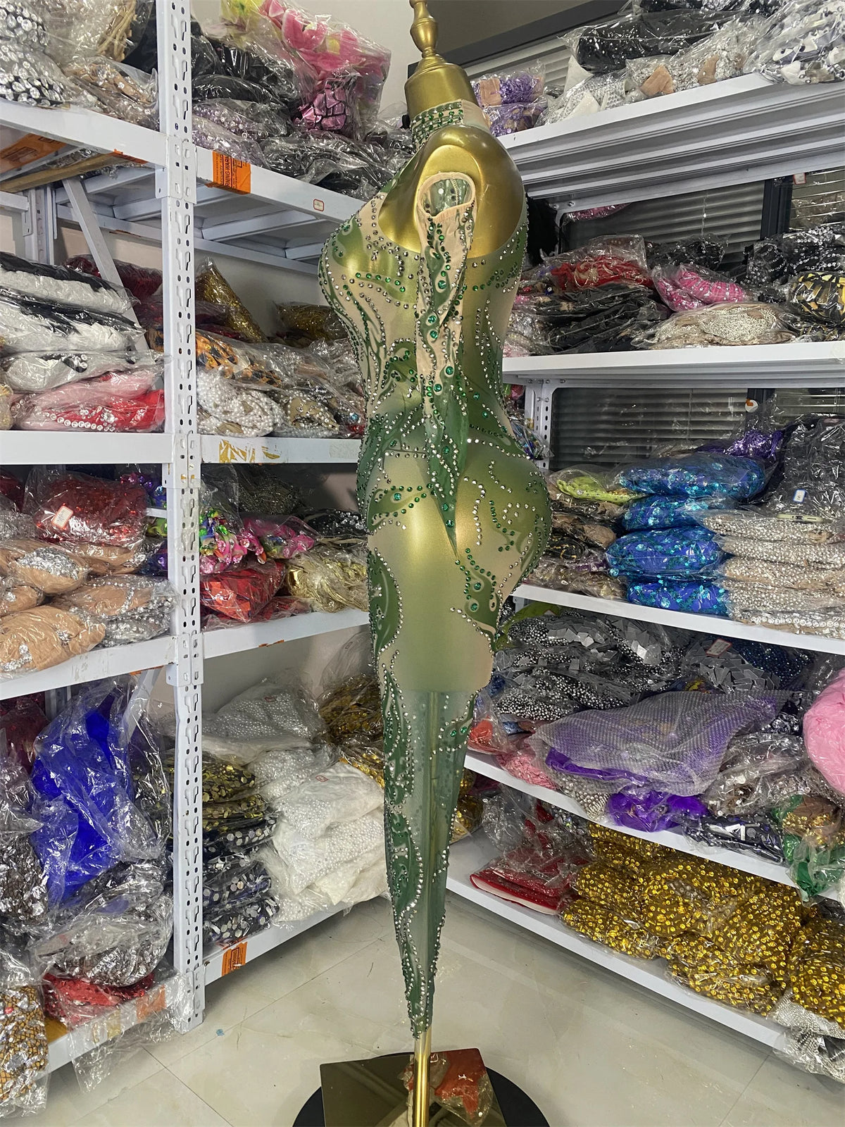 Sparkly Rhinestones Printed Mesh Bodycon Green Jumpsuits With Sleeves See Through Masquerade Costume Dress Night Club DJ Gogo