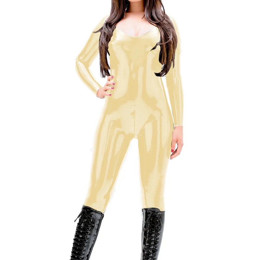 Women Sexy V Neck Jumpsuits Vinyl PVC Leather Long Sleeve Jumpsuit Ladies Party Zipper Open Crotch Bodysuit Faux Latex Rompers