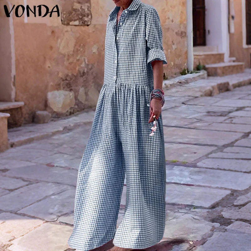 Plus Size 5XL VONDA Vintage Jumpsuits Women Elegant Plaid Long Overalls Fashion 3/4 Sleeve Casual Playsuits Streetwear Pants