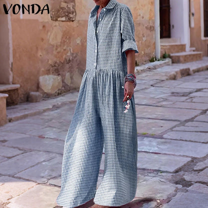 Plus Size 5XL VONDA Vintage Jumpsuits Women Elegant Plaid Long Overalls Fashion 3/4 Sleeve Casual Playsuits Streetwear Pants