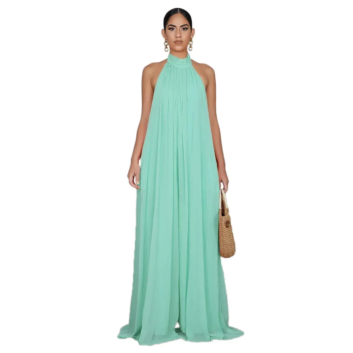 2026 New Women's Solid Chiffion Loose Halter Jumpsuits Sexy Backless Wide Leg Pants Rompers Fashion Party Elegant Women Clothing
