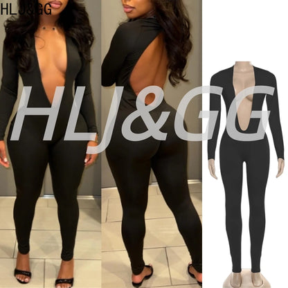 HLJ&GG Sexy Deep V Bodycon Backless One Piece Jumpsuits Women Long Sleeve Slim Playsuits Fashion Female Solid Party Club Overall