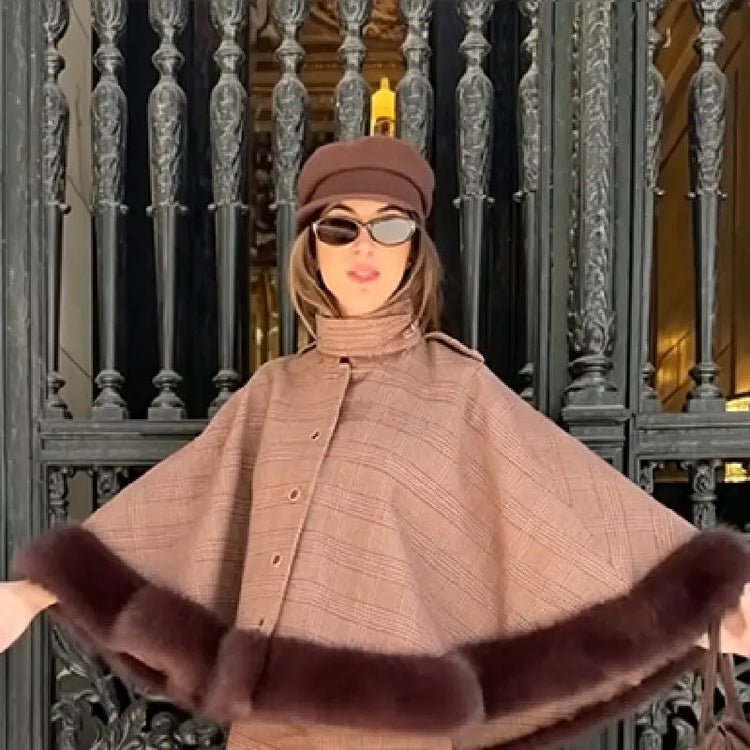 Elegant Plaid Cape Skirt 2 Piece Set Women Chic High Waist Single Breasted Faux Fur Hem Shawl Coat Suit Fall Winter Party Outfit