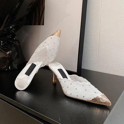 Luxury Rhinestones Mesh Lace Women Pumps Sandals Summer Elegant Pointed Toe 8cm Thin High Heels Mulse Sides  Fashion Party Shoes