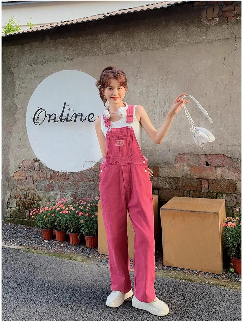 Vintage Pink Denim Overalls Adjustable Strap Wide Leg Jumpsuit Y2K Cute Campus Casual Pants