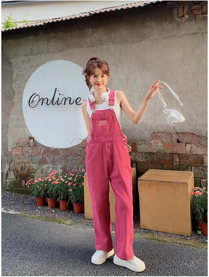 Vintage Pink Denim Overalls Adjustable Strap Wide Leg Jumpsuit Y2K Cute Campus Casual Pants