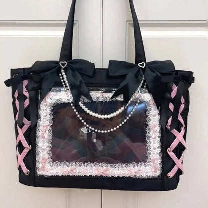 New Japanese Cute Sweet Ribbon Ita Bag Lolita Girls Transparent Handbags Fashion Large Capacity Tote Bag Aesthetic Shoulder Bags