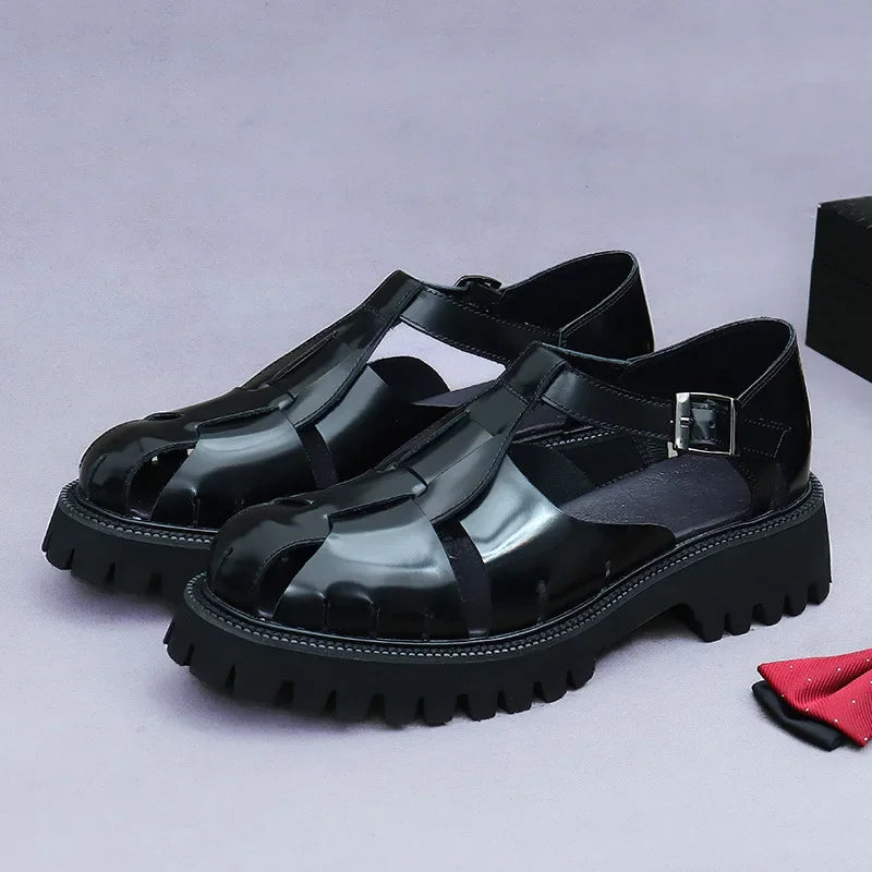 4.5Cm Thick Sole Heightening Sandals Men's Glossy Cowhide Buckle Business Casual British Genuine Leather Summer Sandals for Men