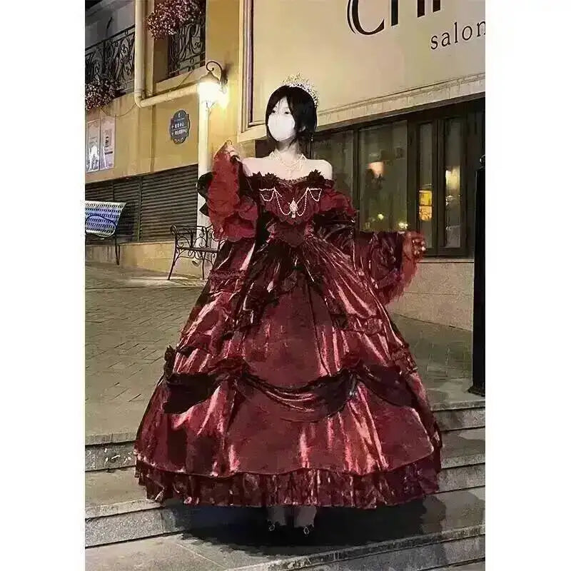 Beauty Princess Dress Red Lolita Skirt Long Dress Elegant Lolita Outfit Heavy Industry Skrit Flower Red Dress Red Passion Dress