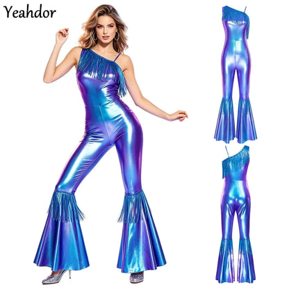 Women Metallic Shiny 70s 80s Hippie Costume Jazz Disco Dance Jumpsuit Sequin Tassels One Shoulder Bell Bottom Bodysuit Rompers