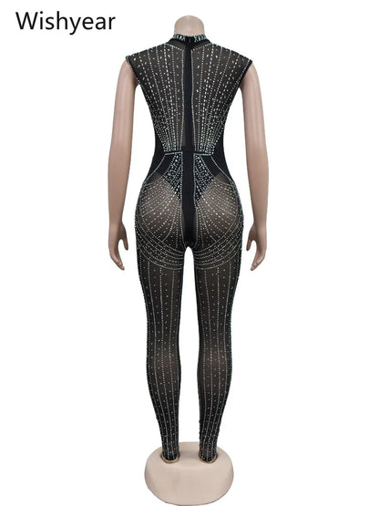 Women One Piece Party Jumpsuit High Neck Sheer Mesh Rhinestone Beading Cap Sleeve Bodycon Long Romper for Cocktail Club Night