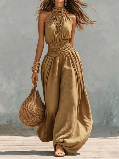 Summer Sexy Halter Sleeveless Pleated Jumpsuit Women Fashion Solid Elastic Waisted Wide Leg Jumpsuit Casual Loose Rompers Street
