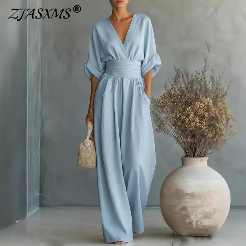 OL Style Solid High Waist Draped Jumpsuits Woman 2026 Spring V Neck Wide Leg Trousers Overalls Casual Half Sleeve Rompers Outfit