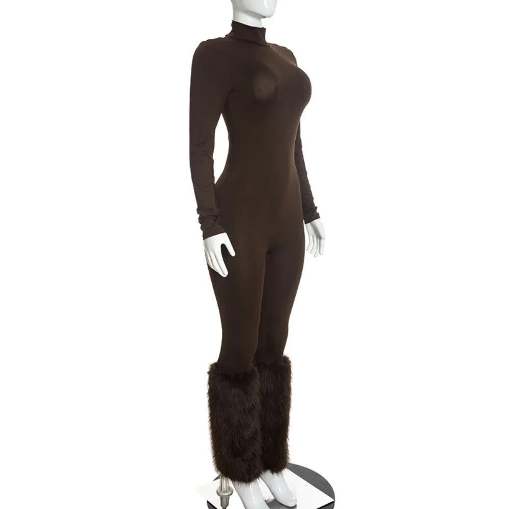 FLARORA Sexy Faux Fur Patchwork Jumpsuits Woman Turtleneck Full Sleeve Skinny Peach Hip Jumpsuit Midnight Party Club Overalls