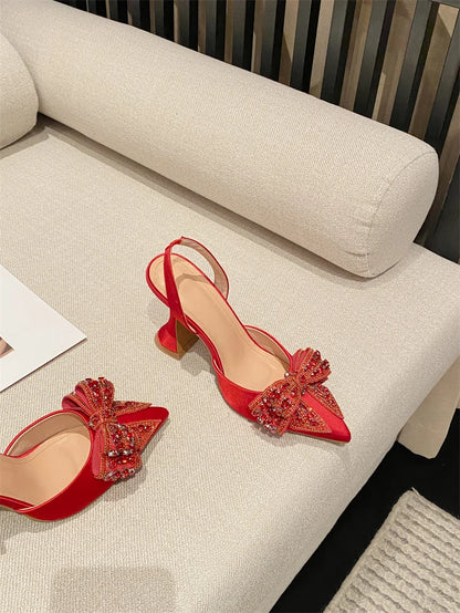 Liyke Spring Summer Fashion Rhinestone Bowknot Women Pumps Sexy Silk Pointed Toe Strange High Heels Party Prom Shoes Gold Silver