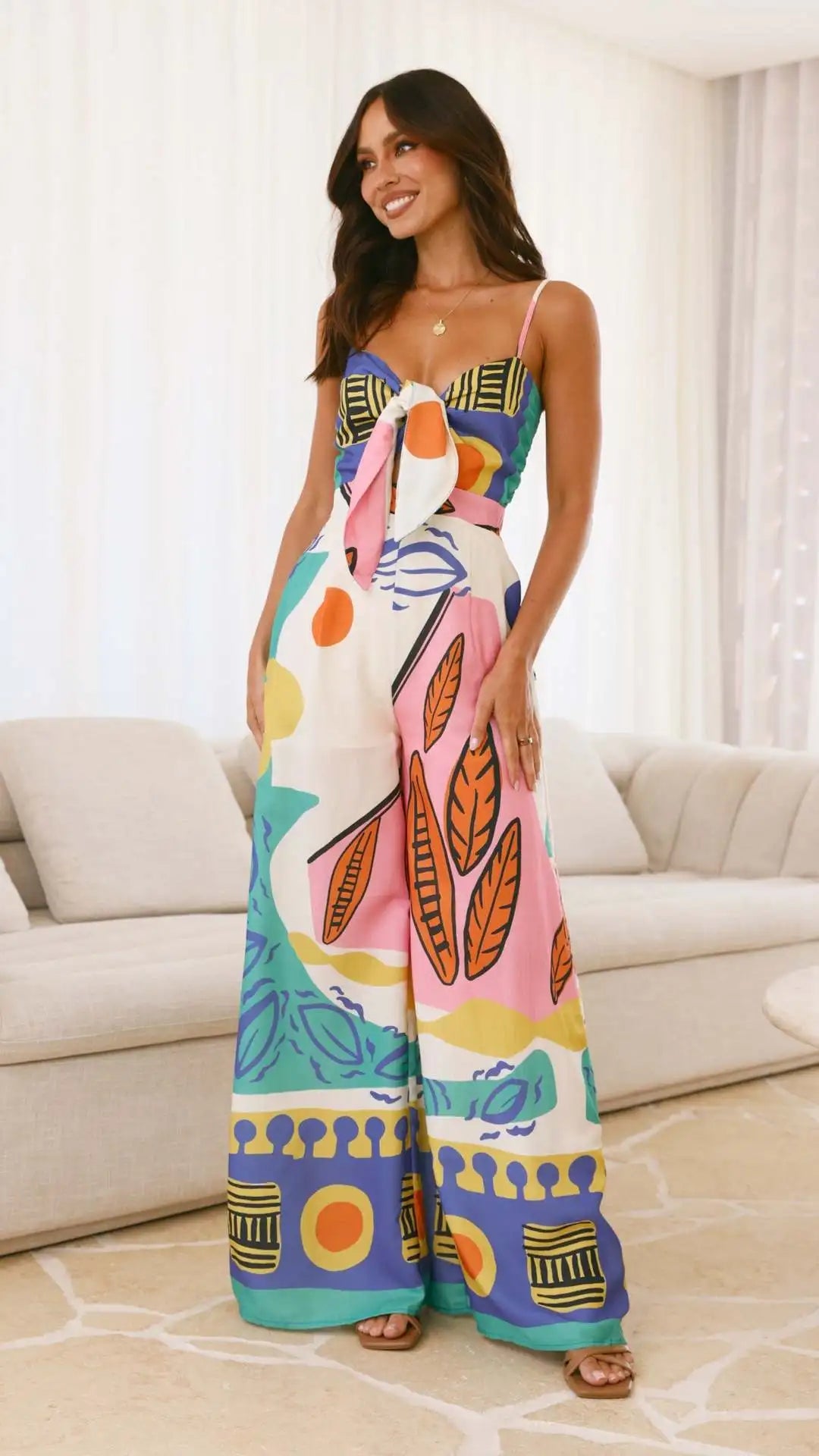 VEITCHE Summer Style Women Print Spaghetti Strap Casual Jumpsuits Hollow Out Leace-up High Waist Wide Legs Bohemian Jumpsuit