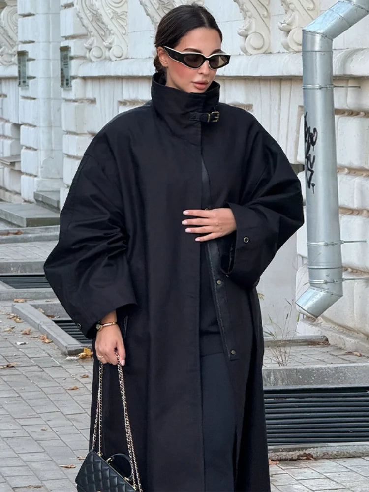 Black Stand Collar Trench Coat Women Casual Long Sleeve Single-breasted Loose Windbreaker 2026 Lady Autumn High Street Outwear