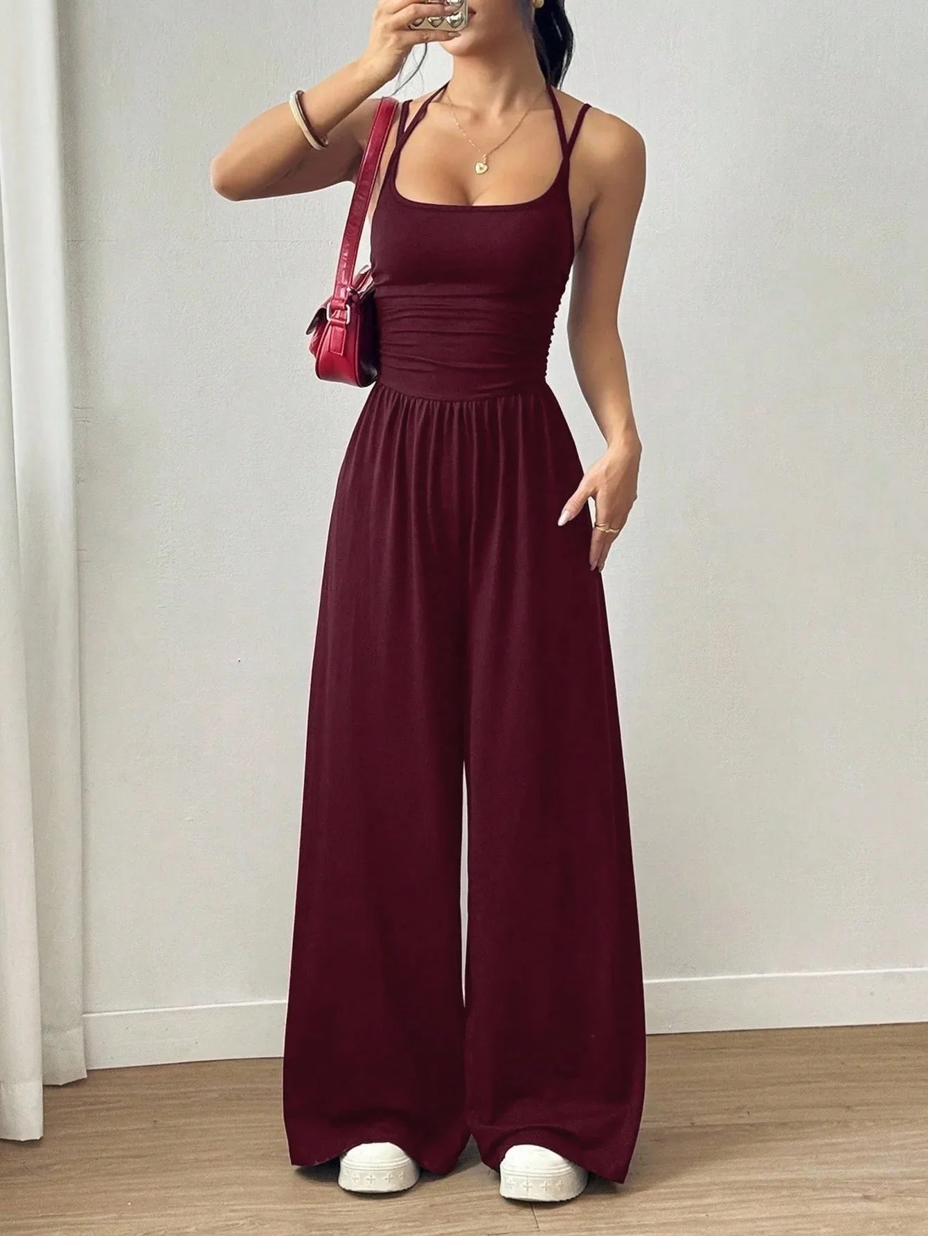 Women Halter Spaghetti Strap Jumpsuits Summer Casual Elastic High Waist Backless Wide Leg Long Pants Romper Club Party Overalls