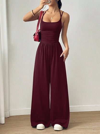 Women Halter Spaghetti Strap Jumpsuits Summer Casual Elastic High Waist Backless Wide Leg Long Pants Romper Club Party Overalls