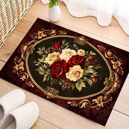Retro Floral Area Rug Luxury Red White Rose Design Floor Mat for Entryway Bedroom Living Room Non-Patchwork Large Size Carpet