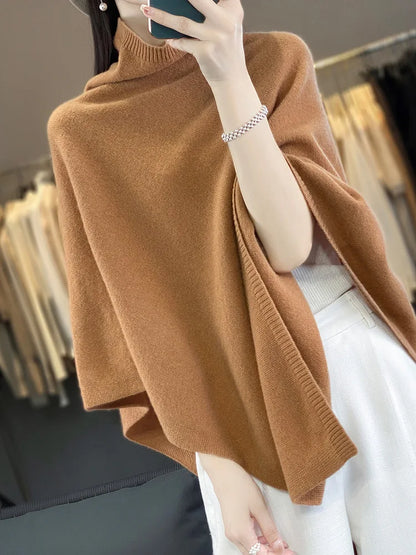 Women 100% Merino Wool Shawl Autumn Winter Turtleneck Pullover Wraps Grace Soft Warm Knitted Sweater Female Clothing Korean Tops