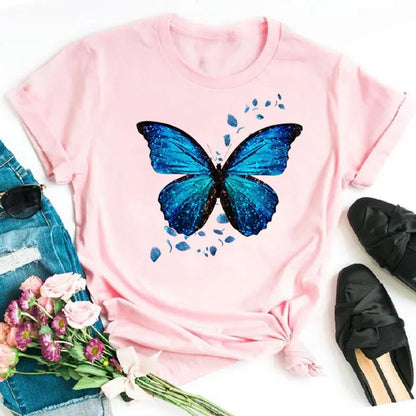 New Fashion Women T-shirt Colorful Butterfly Petal Print Short Sleeve and Round Neck Cute Graphic Tee Shirts Female Tops Clothin