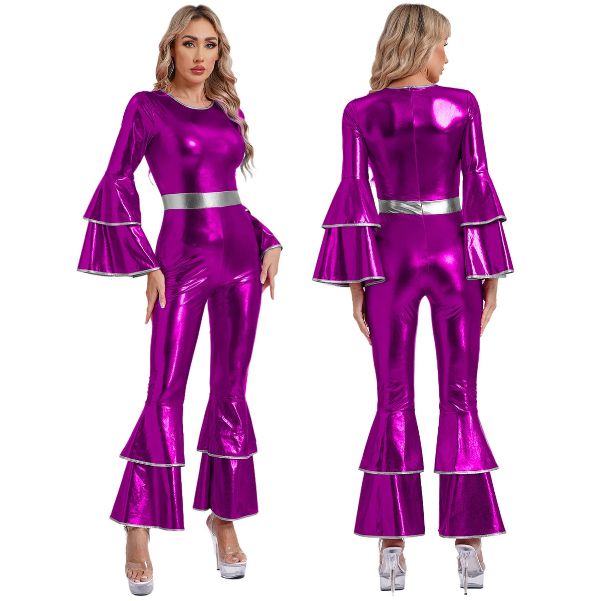 Women Shiny Metallic Jazz Disco Dance Jumpsuit 70s 80s Hippie Costume Sequin Tassels One Shoulder Bell Bottom Bodysuit Rompers