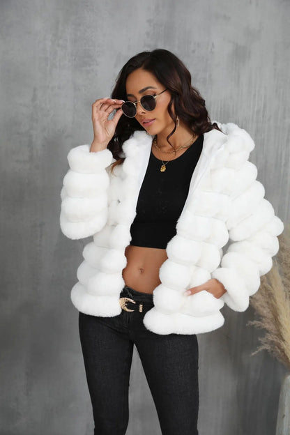 2026 Winter Hooded Plus Size Faux Fur Cropped Coat Women Furry Long Sleeve Plush Jacket Lady Large Fake Fur Warm Fluffy Cardigan