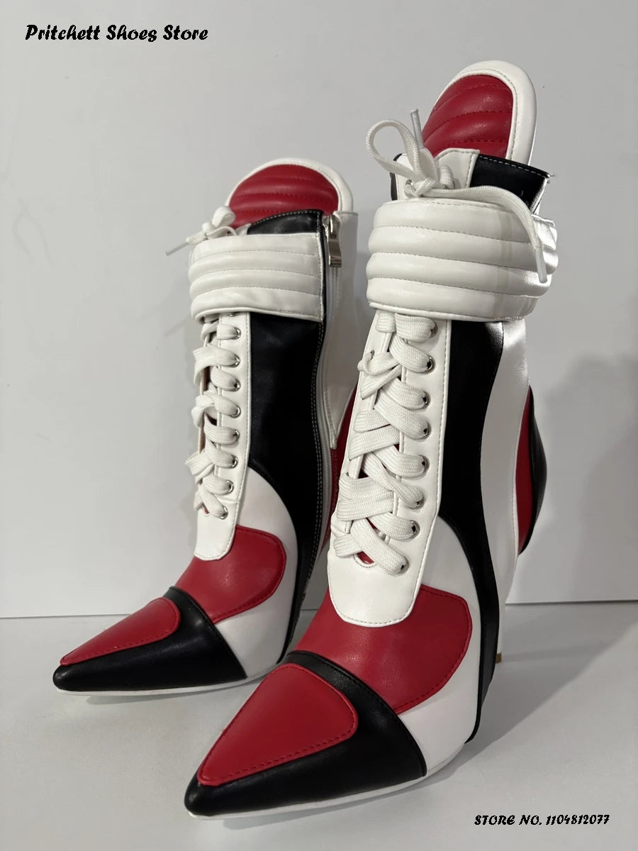 Women's Sports Style Stiletto Booties Patchwork Cross-tied Trending Ankle Boots Pointed Toe Thin Heels Side Zip Plus Size Shoes