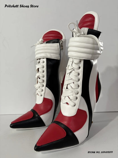Women's Sports Style Stiletto Booties Patchwork Cross-tied Trending Ankle Boots Pointed Toe Thin Heels Side Zip Plus Size Shoes