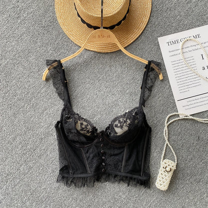 French Chic Sexy Woman Sleeveless Skinny Backless Female Corset Camis Lace Sheer Spaghetti Strap Hotsweet Tank Tops Dropshipping