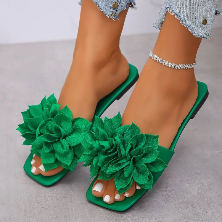 Women Flat Slippers 2026 Summer New Solid Color Sandals Flowers Open Toes Slippers Casual Fashionable Beach Shoes Slides Women