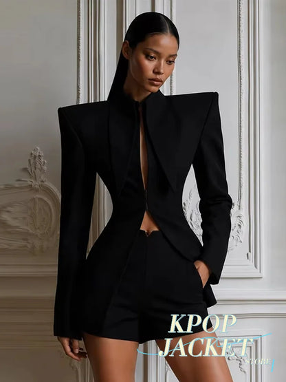 Women Chic Solid Shorts Suit Stand Collar Waist Cinching Slim Fit 2 Piece Suits 2026 Spring Autumn Lady  Elegant Outfits New