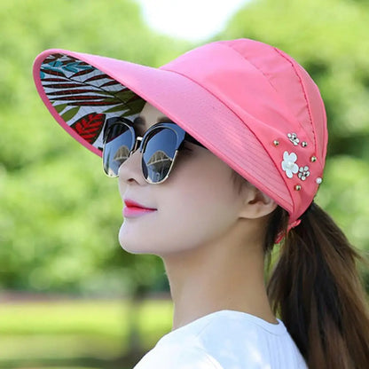 Women Summer Empty Top Sun Protection Cap Large Brim Anti-UV Ponytail Hat For Women Outdoor Travel Beach Visor Fisherman Hats