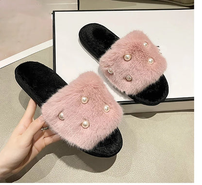 Perle Fluffy Slippers Home Winter Casual Designer Shoes Women 2025 New Luxury Indoor Plush Slides Girls Fashion Elegant Footwear
